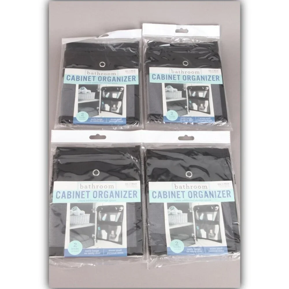 Lot of 4 Cabinet organizer storage bathroom/closet/vanity, black, hooks included